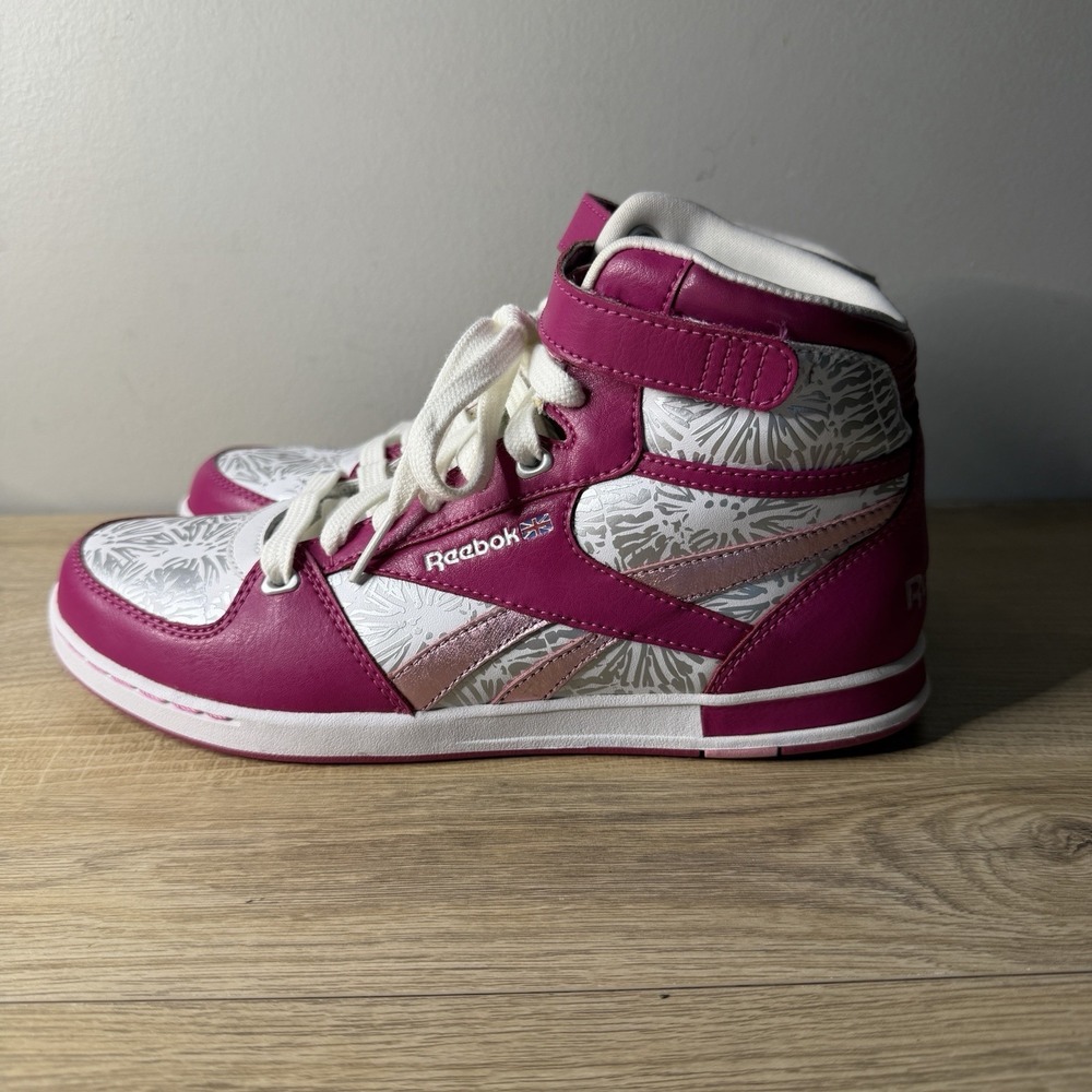Reebok Freestyle Hi High Top Sneakers Pink White‎ Pattern Womens Size 7 Aerobic